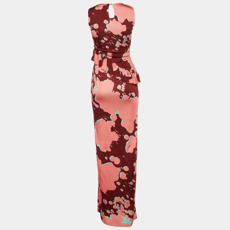 Pre Owned Just Cavalli Pink Printed Jersey Ruffled Maxi Dress S