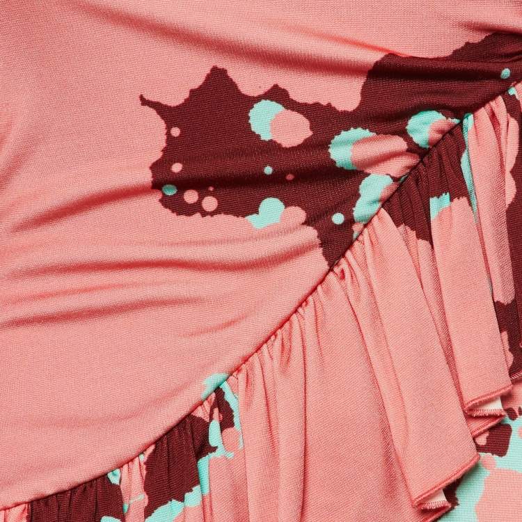 Pre Owned Just Cavalli Pink Printed Jersey Ruffled Maxi Dress S