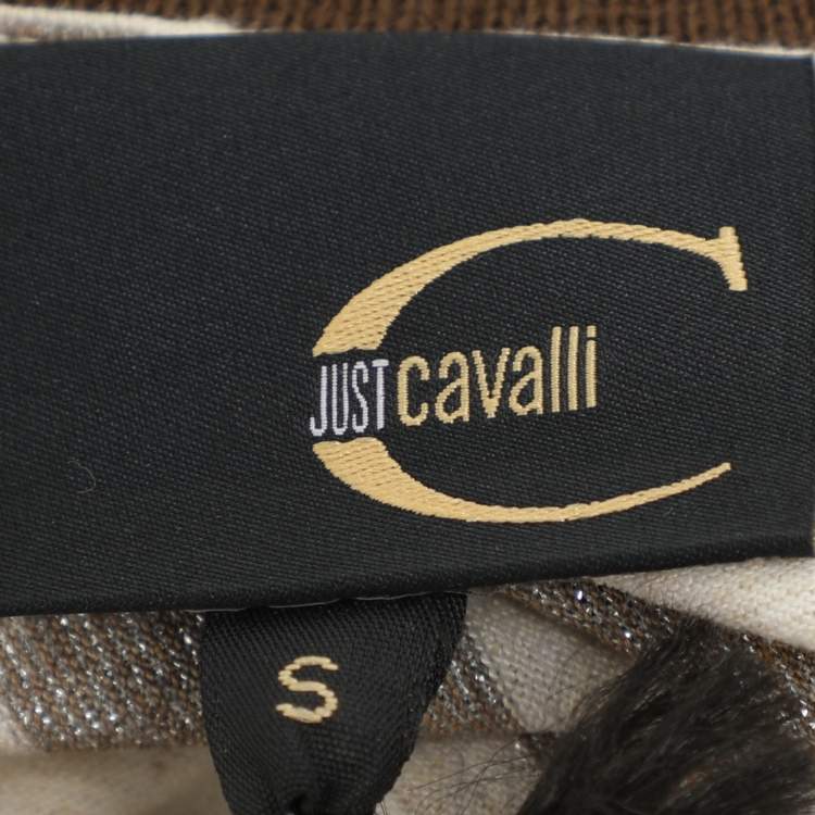 Pre Owned Just Cavalli Brown/Cream Striped Viscose Blend T-Shirt S