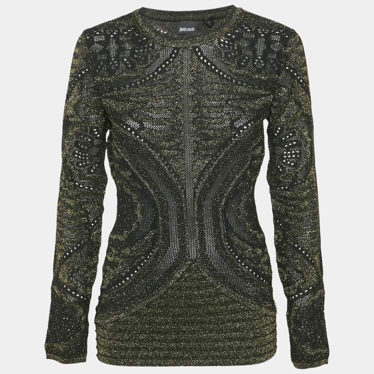 Pre Owned Just Cavalli Metallic Patterned Lurex Knit Long Sleeve Top L