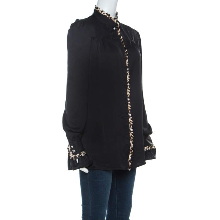 Pre Owned Just Cavalli Black Satin and Leopard Pleated Trim Button Front Blouse M 