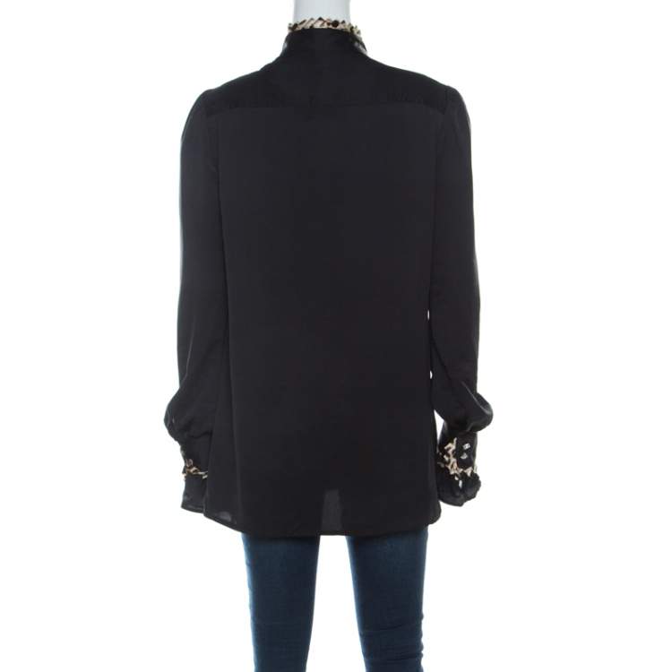 Pre Owned Just Cavalli Black Satin and Leopard Pleated Trim Button Front Blouse M 