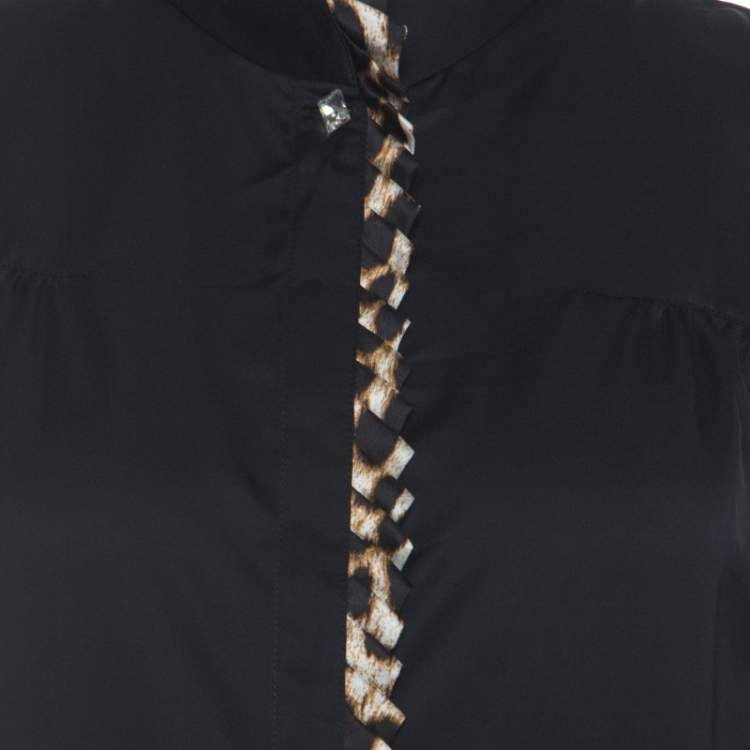 Pre Owned Just Cavalli Black Satin and Leopard Pleated Trim Button Front Blouse M 