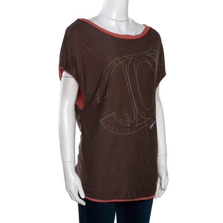 مملوكة مسبقًا Just Cavalli Brown Embossed Logo Print Knit Top M