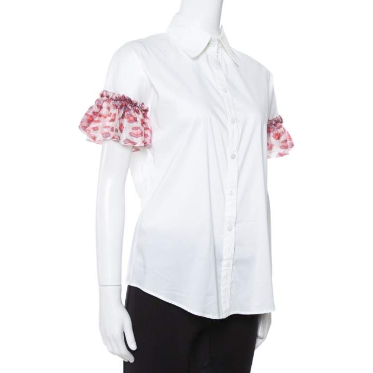 Pre Owned Just Cavalli White Cotton Ruffled Silk Sleeve Blouse M