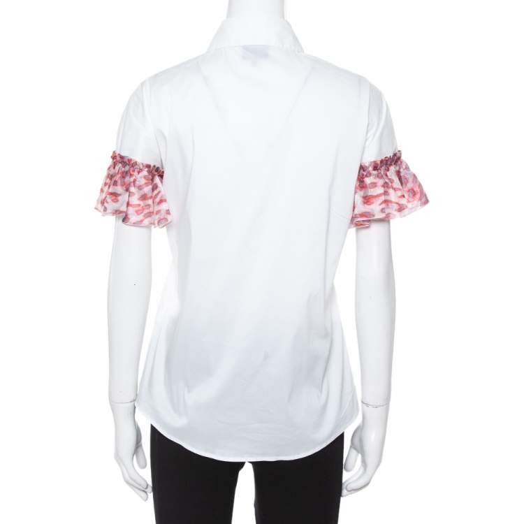 Pre Owned Just Cavalli White Cotton Ruffled Silk Sleeve Blouse M