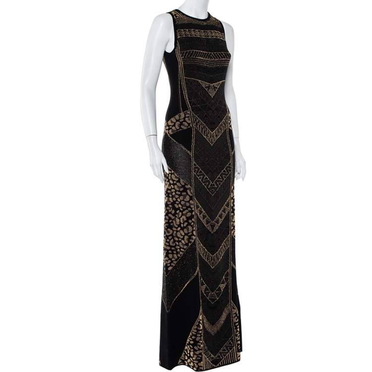 Pre Owned Just Cavalli Black Patterned Lurex Knit Fitted Maxi Dress L