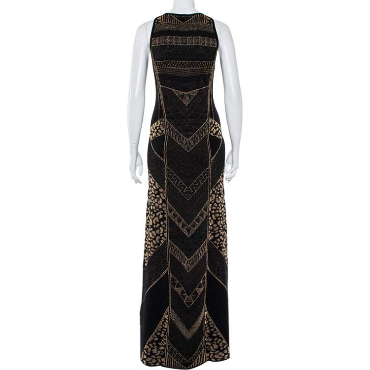 Pre Owned Just Cavalli Black Patterned Lurex Knit Fitted Maxi Dress L