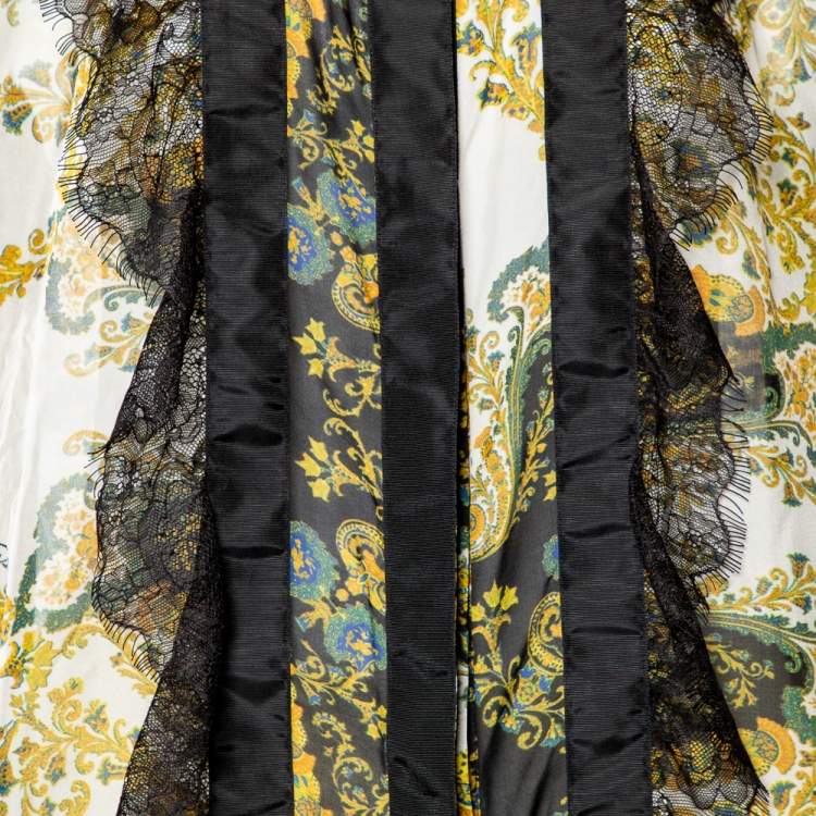 Pre Owned Just Cavalli Black Printed Silk Lace Trim Button Up Blouse L