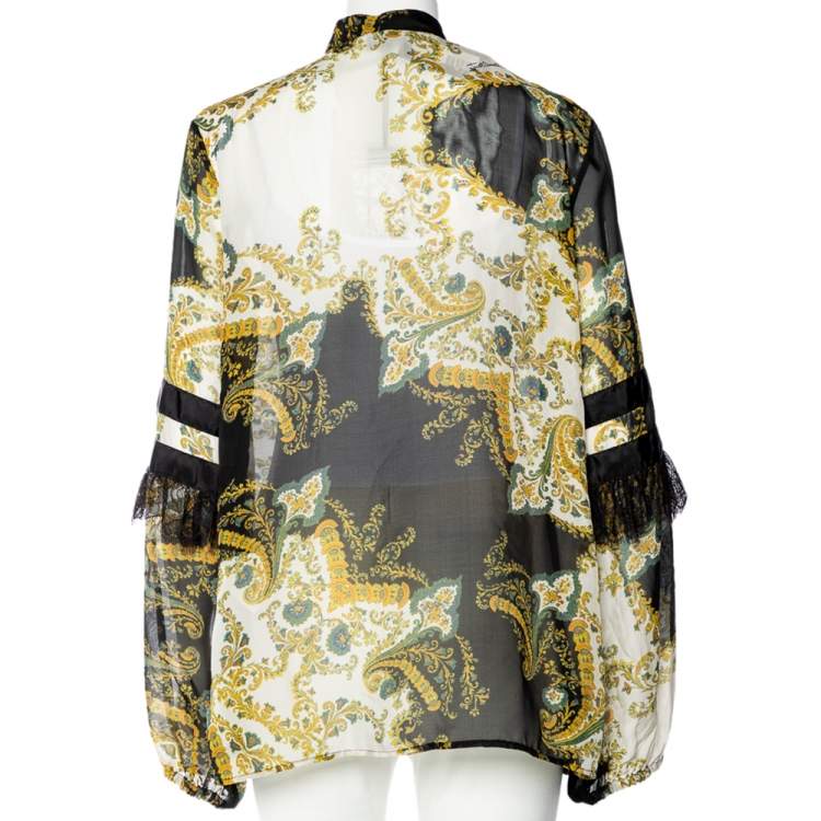 Pre Owned Just Cavalli Black Printed Silk Lace Trim Button Up Blouse L