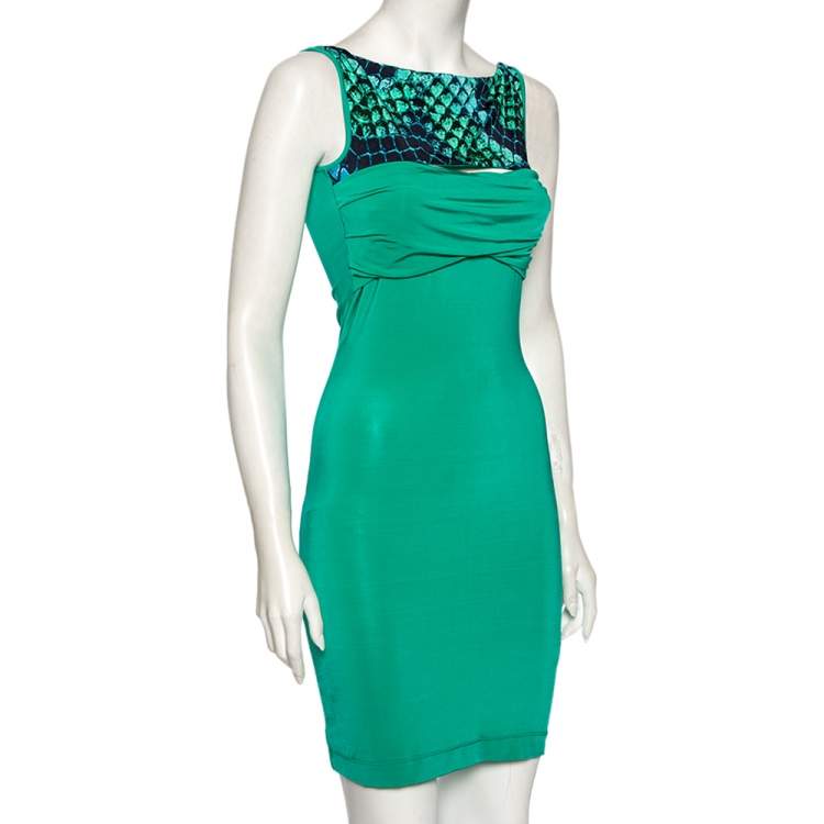 Pre Owned Just Cavalli Green Stretch Knit Snakeskin Print Cut Out Yoke Detail Sleeveless Dress S