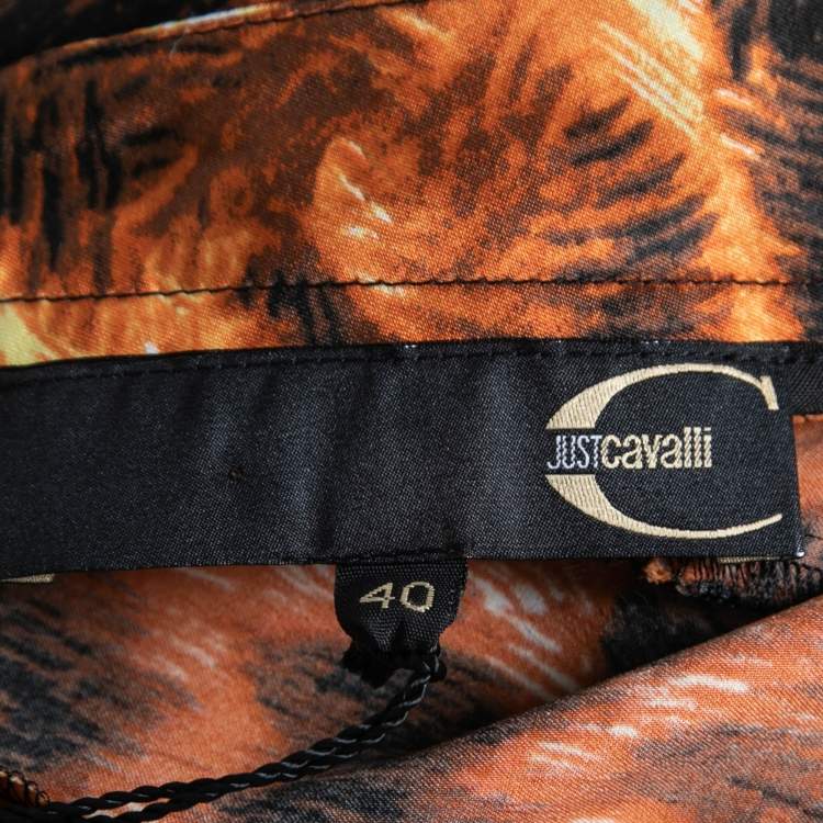 Pre Owned Just Cavalli Orange and Black Printed Flared Hem Skirt S