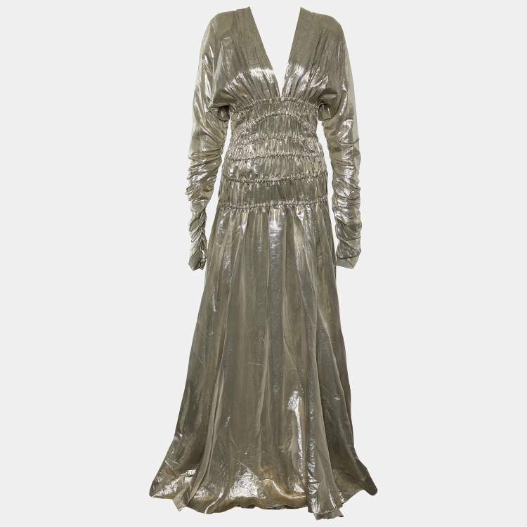 Pre Owned Just Cavalli Pale Gold Lamé Smocked Waist Detail Gown L