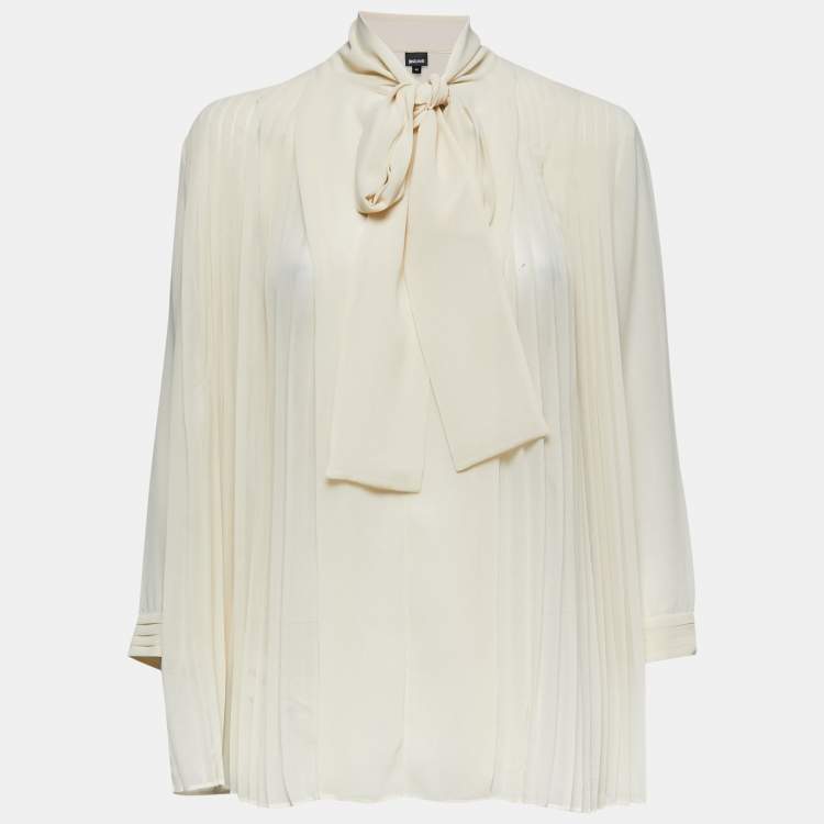 Pre Owned Just Cavalli Cream Chiffon Pleated Tie-Neck Blouse M