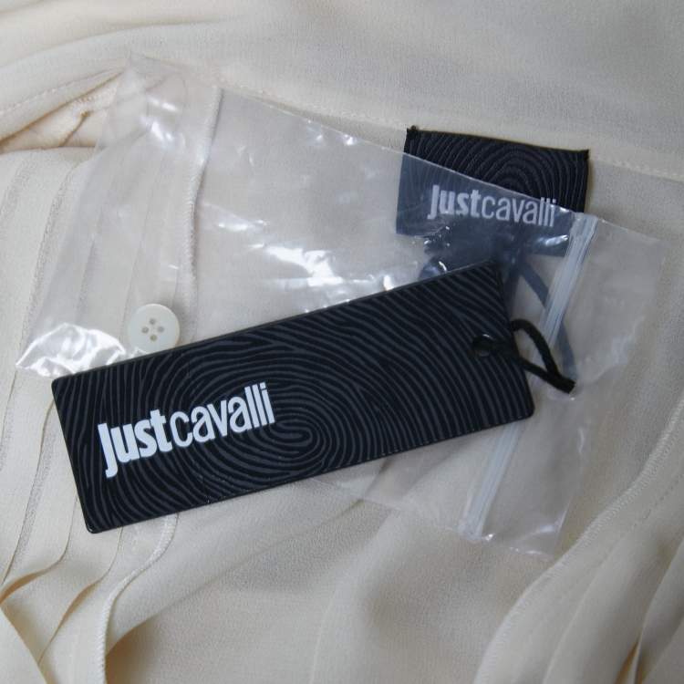Pre Owned Just Cavalli Cream Chiffon Pleated Tie-Neck Blouse M