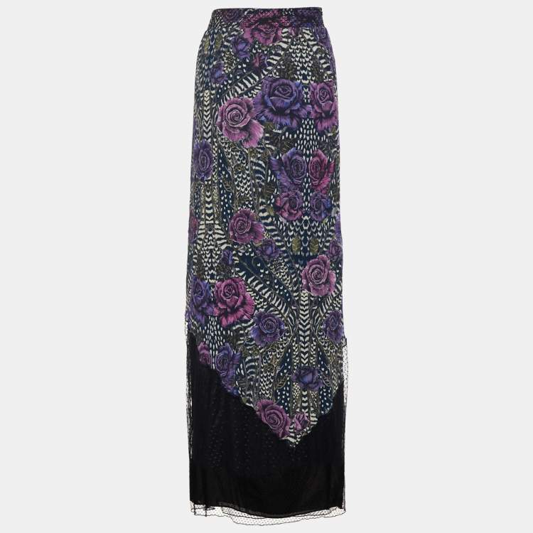 Pre Owned Just Cavalli Black Floral Printed Crepe & Tulle Paneled Maxi Skirt L
