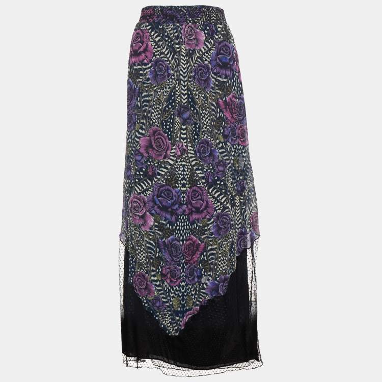Pre Owned Just Cavalli Black Floral Printed Crepe & Tulle Paneled Maxi Skirt L