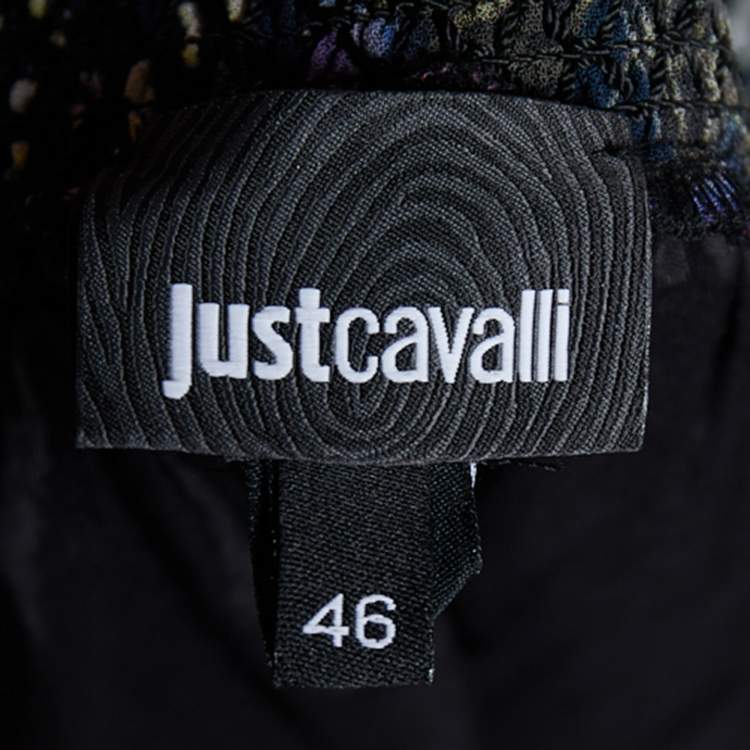 Pre Owned Just Cavalli Black Floral Printed Crepe & Tulle Paneled Maxi Skirt L
