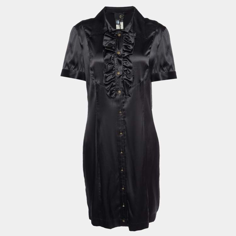 Pre Owned Just Cavalli Black Silk Satin Ruffled Mini Dress L