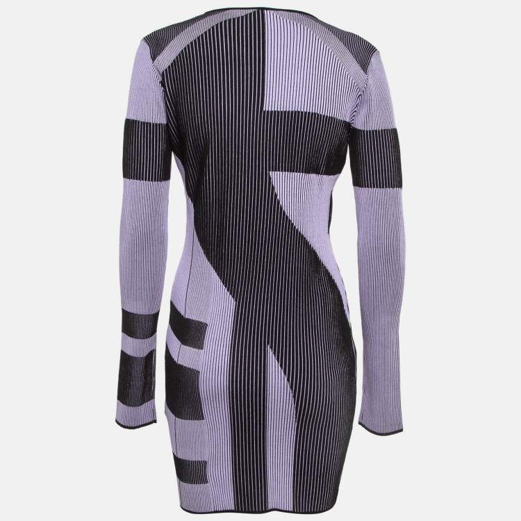 Pre Owned Just Cavalli Black/Lilac Patterned Rb Knit Mini Dress L