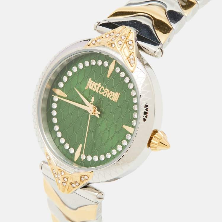 Pre Owned Just Cavalli Green Two-Tone Stainless Steel Animalier JC1L238M0105 Women's Wristwatch 32 mm