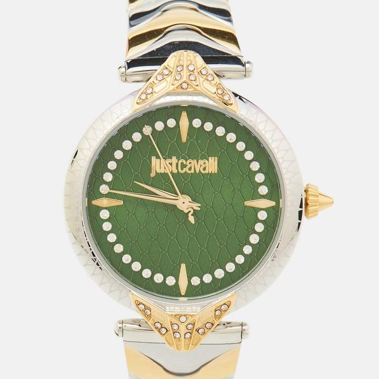 Pre Owned Just Cavalli Green Two-Tone Stainless Steel Animalier JC1L238M0105 Women's Wristwatch 32 mm