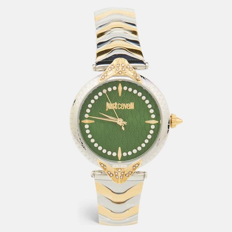 Pre Owned Just Cavalli Green Two-Tone Stainless Steel Animalier JC1L238M0105 Women's Wristwatch 32 mm