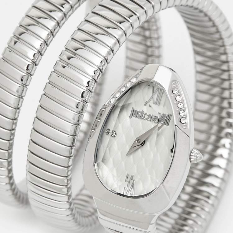 Pre Owned Just Cavalli Silver Stainless Steel Chic Snake JC1L224M0015 Women's Wristwatch 22 mm
