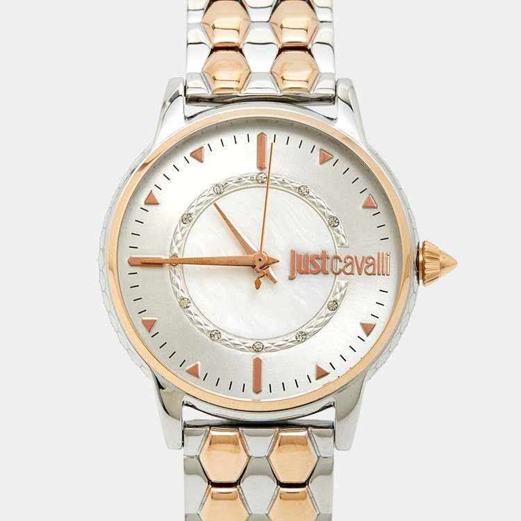 Pre Owned Just Cavalli Silver Two Tone Stainless Steel Set Emozioni JC1L149M0085 Women's Wristwatch 34 mm