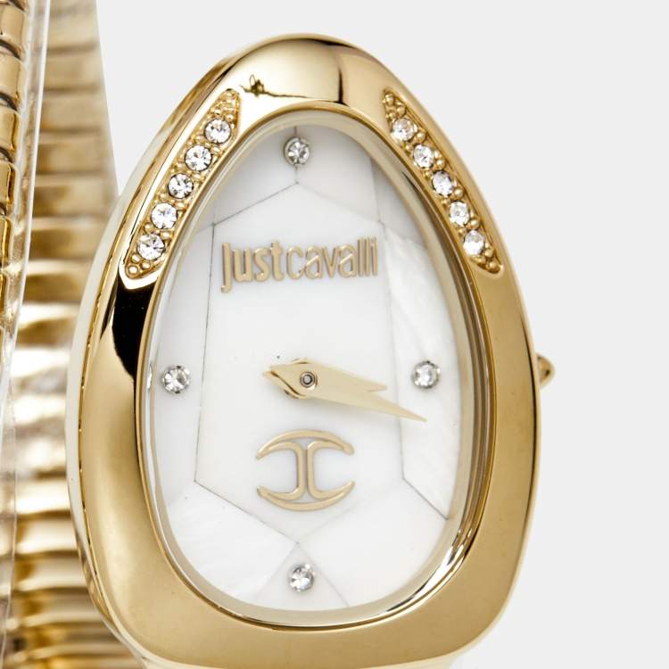 Pre Owned Just Cavalli Mother Of Pearl Gold Plated Stainless Steel Snake JC1L229M0025 Women's Wristwatch 22 mm