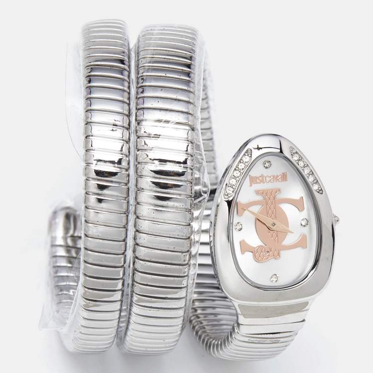 Pre Owned Just Cavalli Silver Stainless Steel Snake Glam Evo 5 JC1L228M0015 Women's Wristwatch 22 mm
