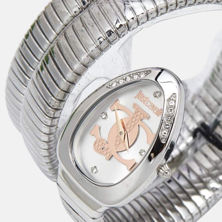 Pre Owned Just Cavalli Silver Stainless Steel Snake Glam Evo 5 JC1L228M0015 Women's Wristwatch 22 mm
