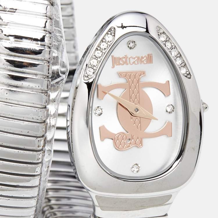 Pre Owned Just Cavalli Silver Stainless Steel Snake Glam Evo 5 JC1L228M0015 Women's Wristwatch 22 mm