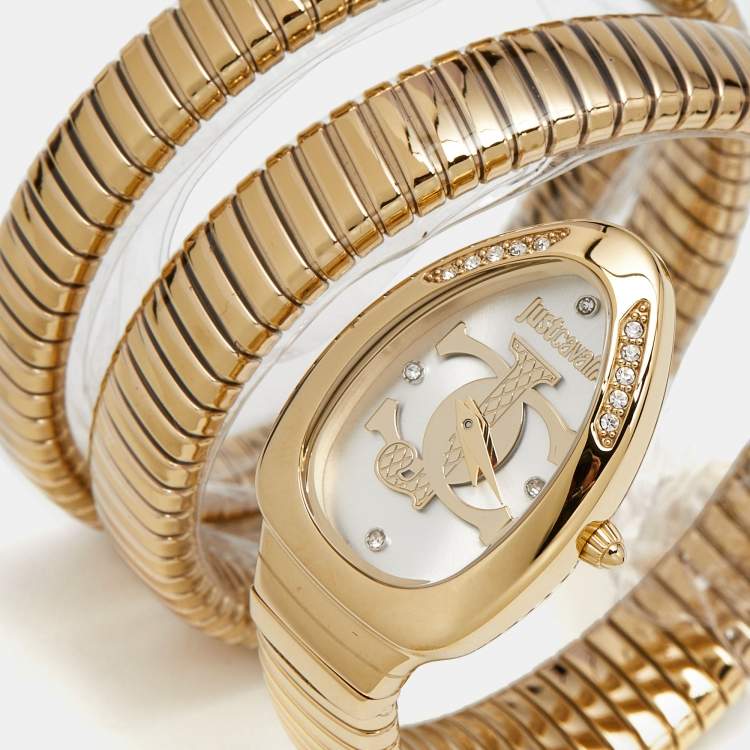 Pre Owned Just Cavalli Silver Dial Gold Tone Stainless Steel Snake JC1L228M0035 Women's Wristwatch 22 mm