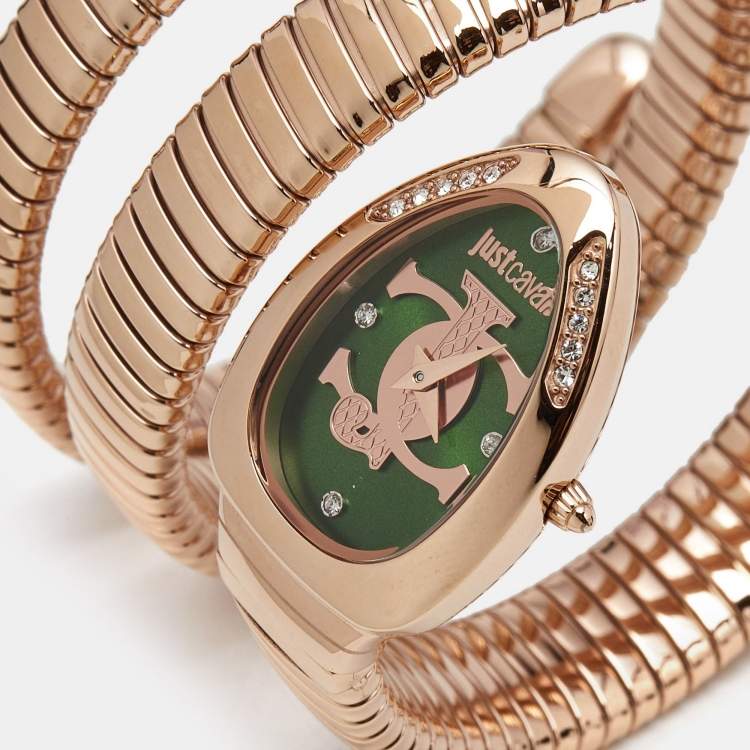 Pre Owned Just Cavalli Snake JC1L228M0055 Green Rose Gold Tone Stainless Steel Women's Wristwatch 22 mm