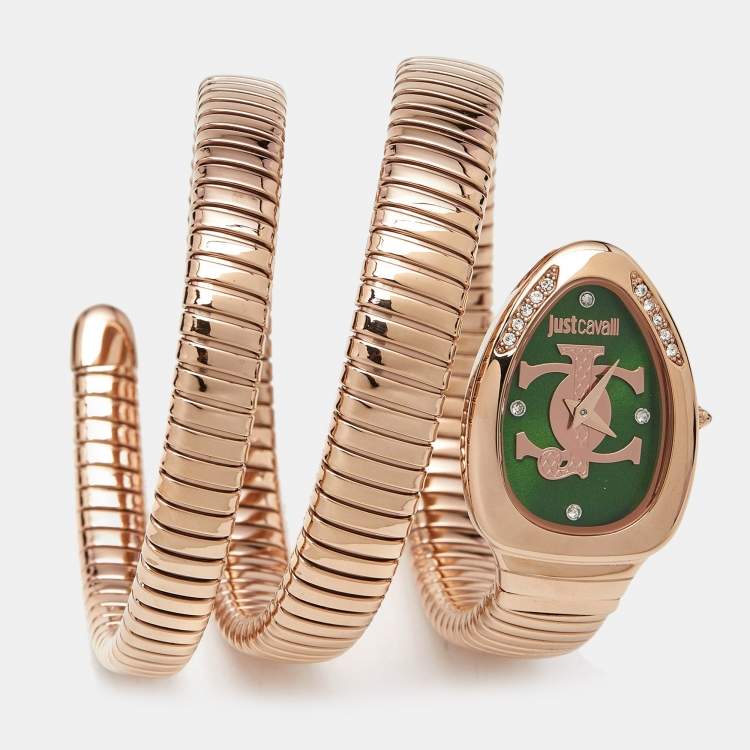 Pre Owned Just Cavalli Snake JC1L228M0055 Green Rose Gold Tone Stainless Steel Women's Wristwatch 22 mm