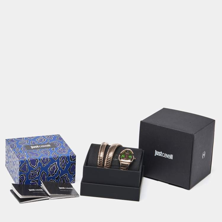 Pre Owned Just Cavalli Snake JC1L228M0055 Green Rose Gold Tone Stainless Steel Women's Wristwatch 22 mm
