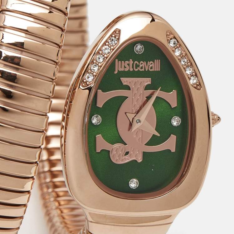 Pre Owned Just Cavalli Snake JC1L228M0055 Green Rose Gold Tone Stainless Steel Women's Wristwatch 22 mm