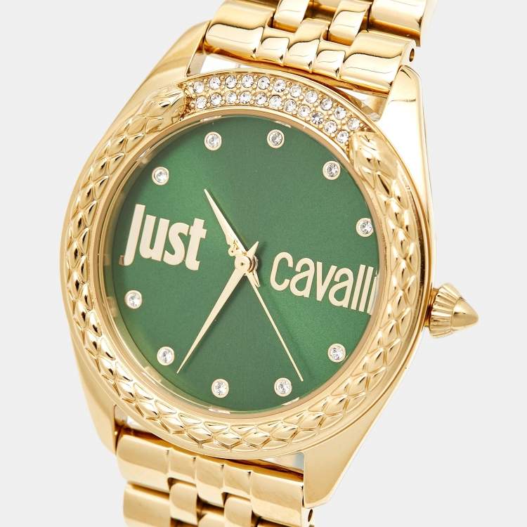 Pre Owned Just Cavalli Brillante JC1L195M0075 Green Dial Gold Tone Stainless Steel Crystal Women's Wristwatch Set 34 mm