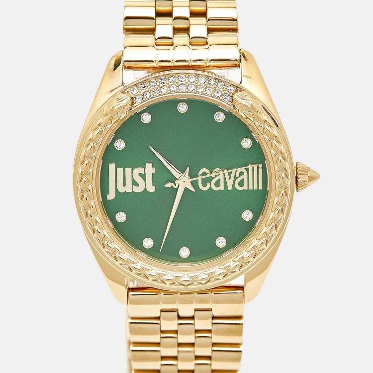 Pre Owned Just Cavalli Brillante JC1L195M0075 Green Dial Gold Tone Stainless Steel Crystal Women's Wristwatch Set 34 mm
