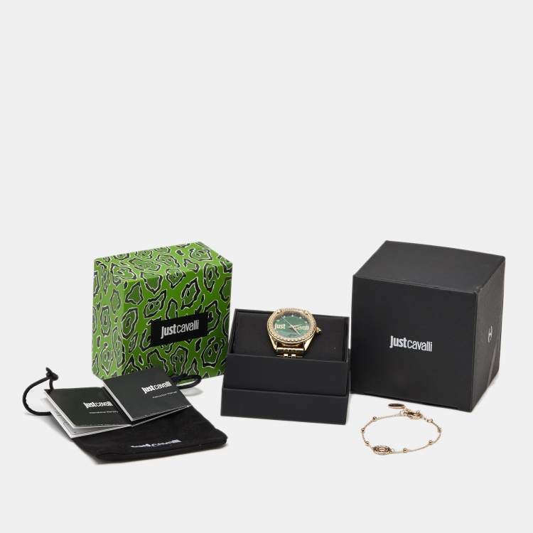 Pre Owned Just Cavalli Brillante JC1L195M0075 Green Dial Gold Tone Stainless Steel Crystal Women's Wristwatch Set 34 mm