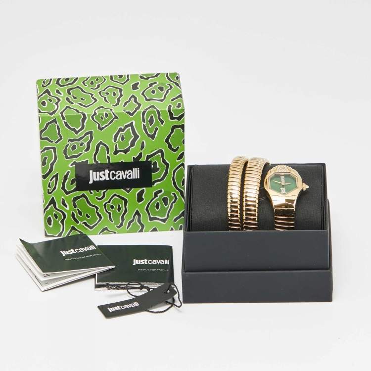 Pre Owned Just Cavalli Glam Chic 1L022 Green Dial Yellow Gold Plated Stainless Steel Women's Wristwatch 22 mm