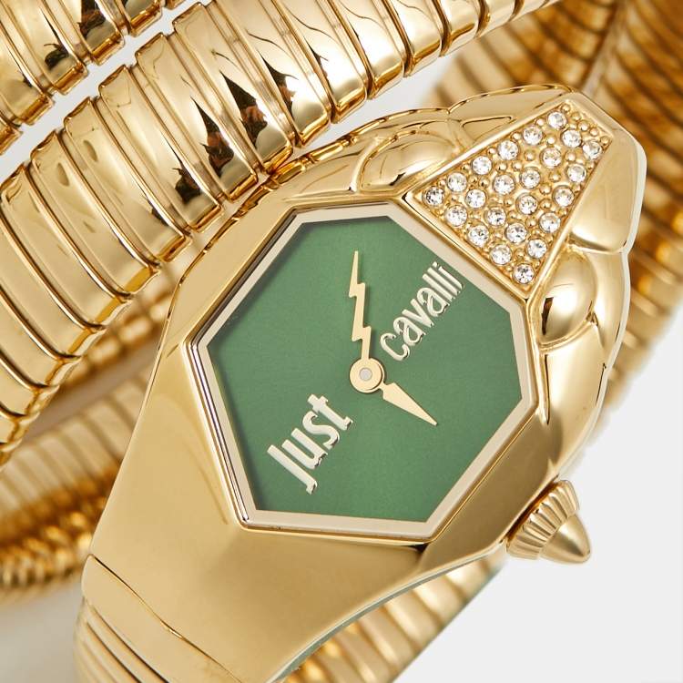 Pre Owned Just Cavalli Glam Chic 1L022 Green Dial Yellow Gold Plated Stainless Steel Women's Wristwatch 22 mm