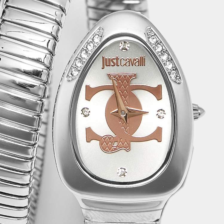 Pre Owned Just Cavalli Glam Evo 5 JC1L228M0015 Silver Dial Stainless Steel Snake Women's Wristwatch 22 mm