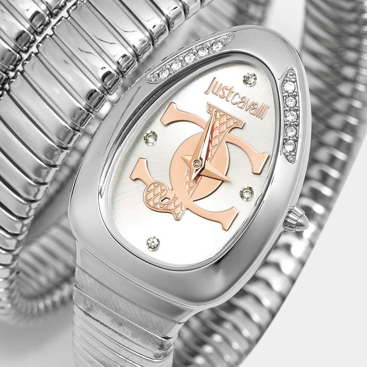 Pre Owned Just Cavalli Glam Evo 5 JC1L228M0015 Silver Dial Stainless Steel Snake Women's Wristwatch 22 mm