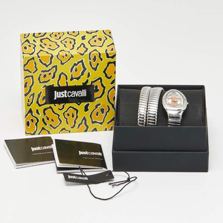 Pre Owned Just Cavalli Glam Evo 5 JC1L228M0015 Silver Dial Stainless Steel Snake Women's Wristwatch 22 mm