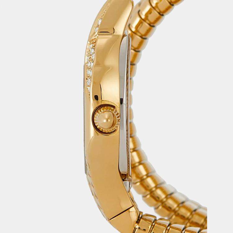 Pre Owned Just Cavalli Green Gold Plated Stainless Steel Crystal Embellished Signature Snake Glam Evo 7 JC1L193M0035 Women's Wristwatch 22 mm