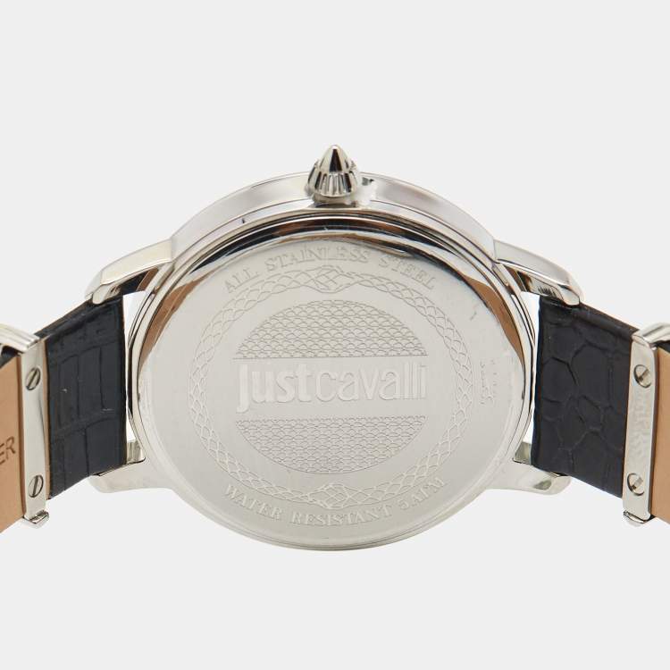 Pre Owned Just Cavalli Silver Stainless Steel Leather JC1L127L0015 Women's Wristwatch 38 mm