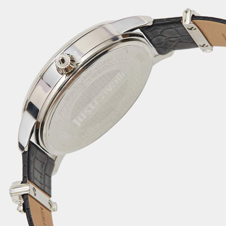 Pre Owned Just Cavalli Silver Stainless Steel Leather JC1L127L0015 Women's Wristwatch 38 mm