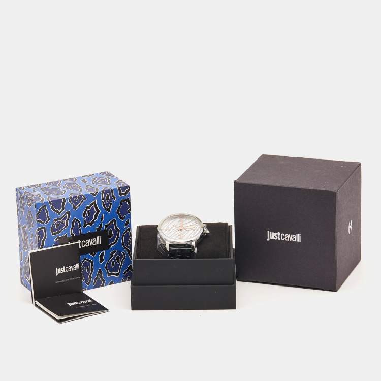Pre Owned Just Cavalli Silver Stainless Steel Leather JC1L127L0015 Women's Wristwatch 38 mm